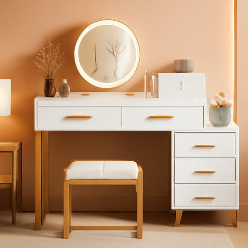White Vanity Desk with Mirror and Lights, Modern Makeup Vanity Table Set with 6 Storage Drawers and Cushioned Stool for Bedroom, Dressing Table with Divided Organizers for Women Girls, White