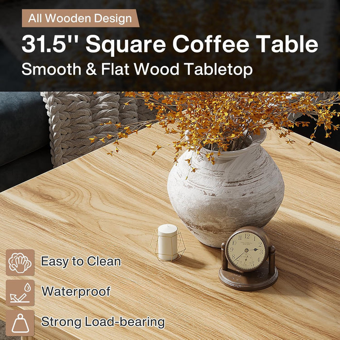 Square Coffee Table, 31.5-Inch Fluted Coffee Table, Mid-Century Modern Living Room Table, Large Cocktail Table for Living Room, Easy Assembly, Oak