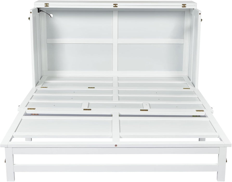 Queen Murphy Bed with Storage Drawer and Charging Station, Cabinet Bed, Farmhouse Murphy Cabinet with Foldable Panel, Noisy Free, for Guest Bedroom, Living Room, White+White Panel