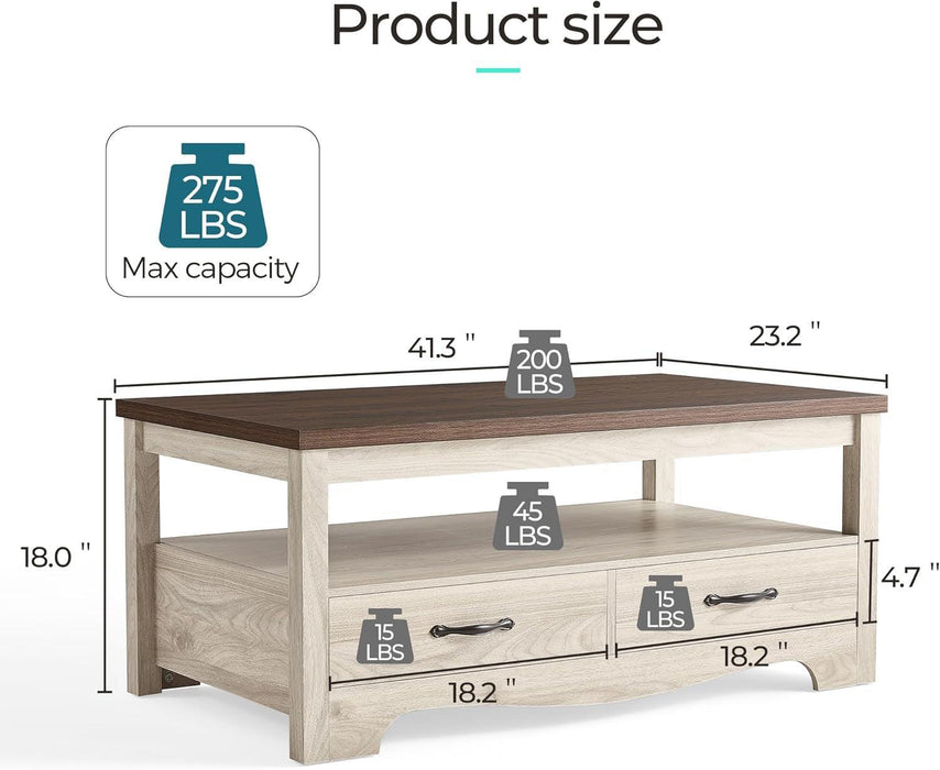 Farmhouse Coffee Table with Storage, Wood Coffee Table for Living Room, Open Display Area and Storage Drawers with Metal Handles, Chic Style with Curved Base. Oak and Brown