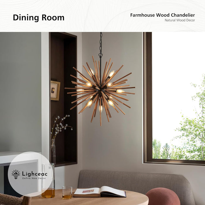 12 Lights Farmhouse Wood Sputnik Chandelier Fixture