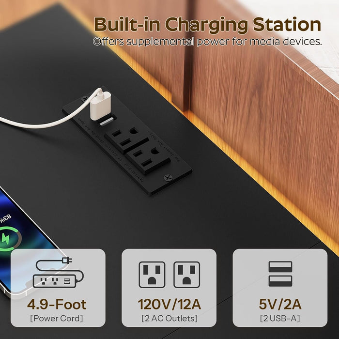 TV Stand with LED Light and Power Outlets, Entertainment Center with Fabric Drawers and Open Shelves, 41.7" TV Cabinet for Tvs up to 45 Inch, Media Console for Living Room, Bedroom, DS03UDBB