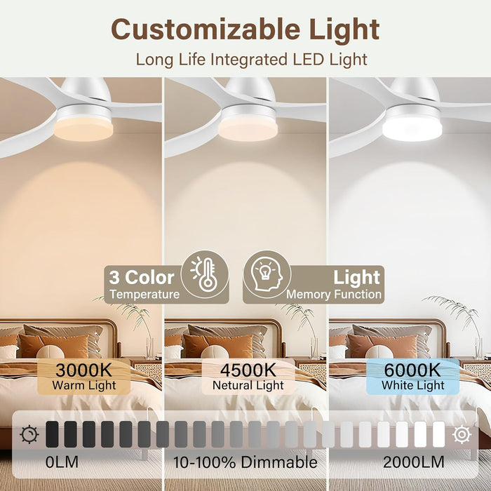 52" Wood Ceiling Fans with Lights Remote,Smart Control via Wifi Alexa App,Quiet DC Motor,Modern Flush Mount Hugger Ceiling Fan for Low Profile Bedroom,Patio,Matte White,Outdoor Indoor,3 Blade,Dimmable