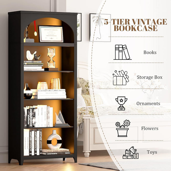 70" Arched Bookshelf with LED Lights, 5-Tier Storage for Displaying