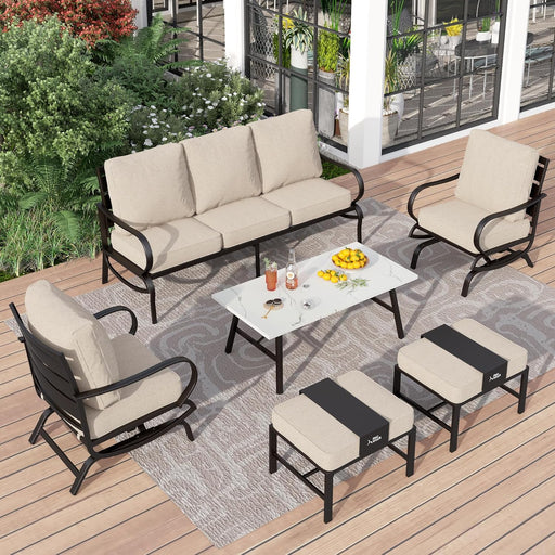 6 Piece Patio Furniture Sets with 1X 3-Seat Deep Seating Bench Sofa, 2 C-Base Sofa Chairs, 2 Metal Cushioned Ottoman and & 1 Coffee Table, Deluxe Outdoor Patio Set for 5-7 Person