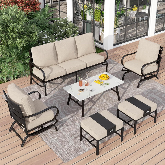 6 Piece Patio Furniture Sets with 1X 3-Seat Deep Seating Bench Sofa, 2 C-Base Sofa Chairs, 2 Metal Cushioned Ottoman and & 1 Coffee Table, Deluxe Outdoor Patio Set for 5-7 Person