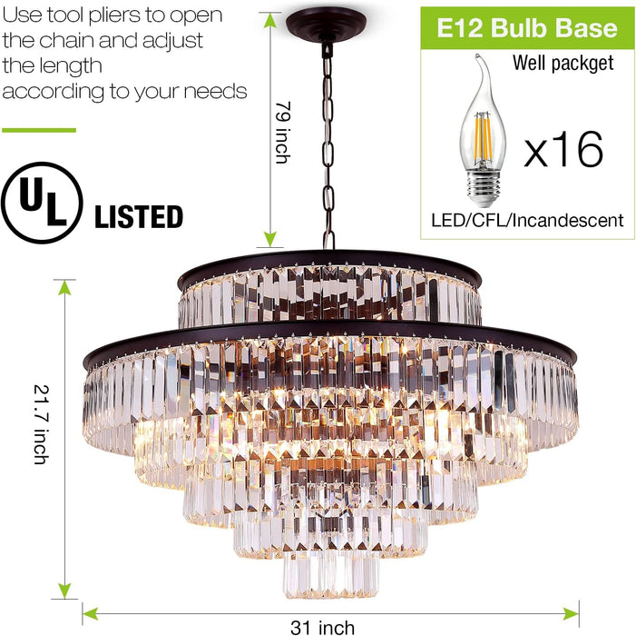 31-Inch Black Crystal Chandelier With 6-Tier Frame