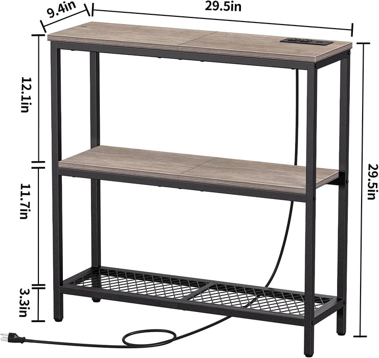 Console Table with Power Outlets, Entryway Table with Storage, Narrow Sofa Table with 3 Tier Shelves, 2 USB Ports, 2 Power Outlets, Hallway Table for Couch, Living Room, Entrance, Grey