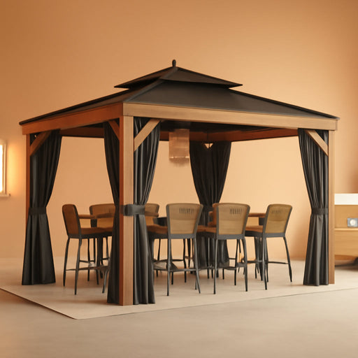 10'X13' Hardtop Gazebo Outdoor Aluminum Wood Grain Gazebos with Galvanized Steel Roof and Mosquito Net for Patios, Deck, Backyard, Curtains & Netting