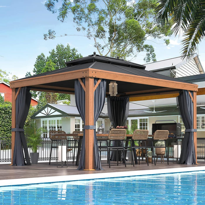 10'X13' Hardtop Gazebo Outdoor Aluminum Wood Grain Gazebos with Galvanized Steel Roof and Mosquito Net for Patios, Deck, Backyard, Curtains & Netting