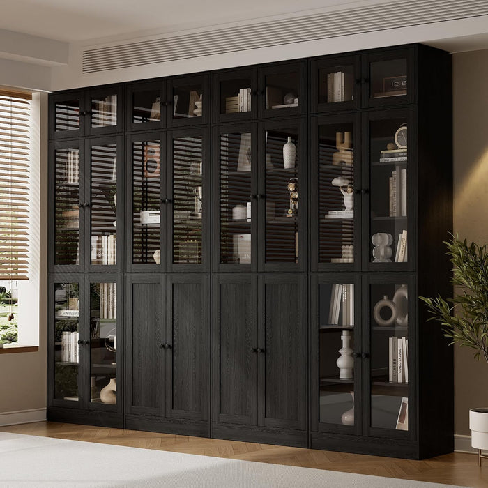 85.5" Modern Bookcase with Glass Doors Set of 4, 7-Tier Tall Wooden Bookshelf with Storage for Home Office, Large Curio Cabinet for Living Room, Office, Bedroom, Family Room (Black, ABBA)