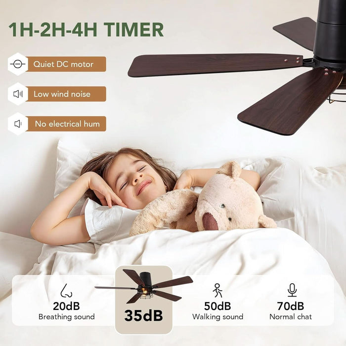 52 Inch Ceiling Fans with Lights, Farmhouse Ceiling Fan with Lights and Remote, Noiseless DC Motor, Black Flush Mount Ceiling Fan for Bedroom Living Room Indoor Outdoor