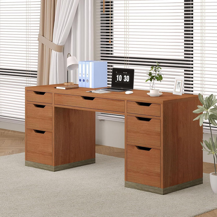 54Inch WalnutFinish ExecutiveDesk With Seven Drawers