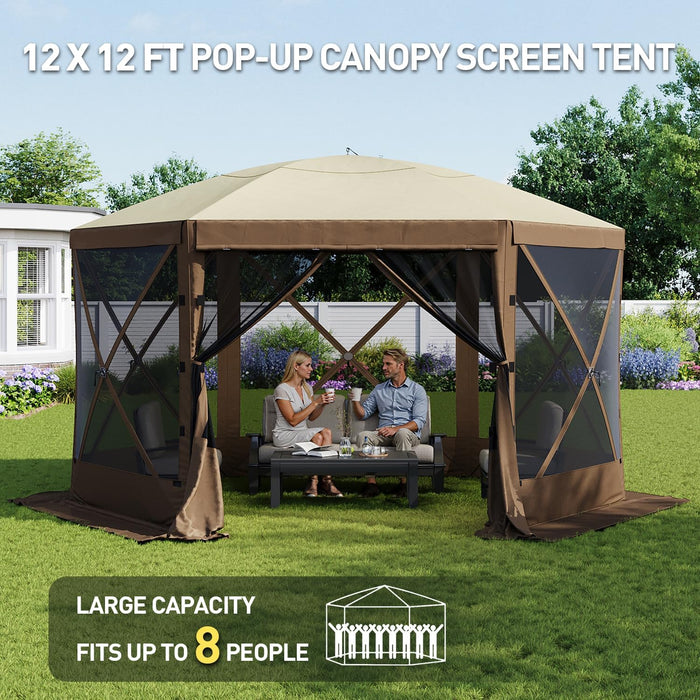 12X12Ft Pop up Canopy Tent, 6-Sided Pop-Up Gazebo Screen Tent with Mesh Windows, Outdoor Canopy Shelter Tent with Carrying Bag, Large Shade Tents for Camping, Backyard, Patio, Lawn, Brown