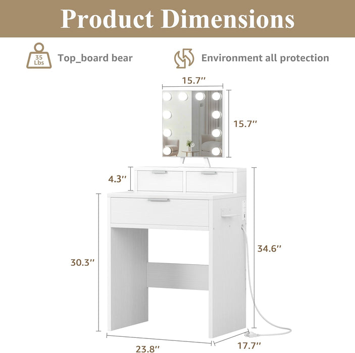 White Makeup Vanity Desk with Hollywood Mirror and Lights, Girls Compact Make up Table with Drawers and Outlet for Bedroom Small Space
