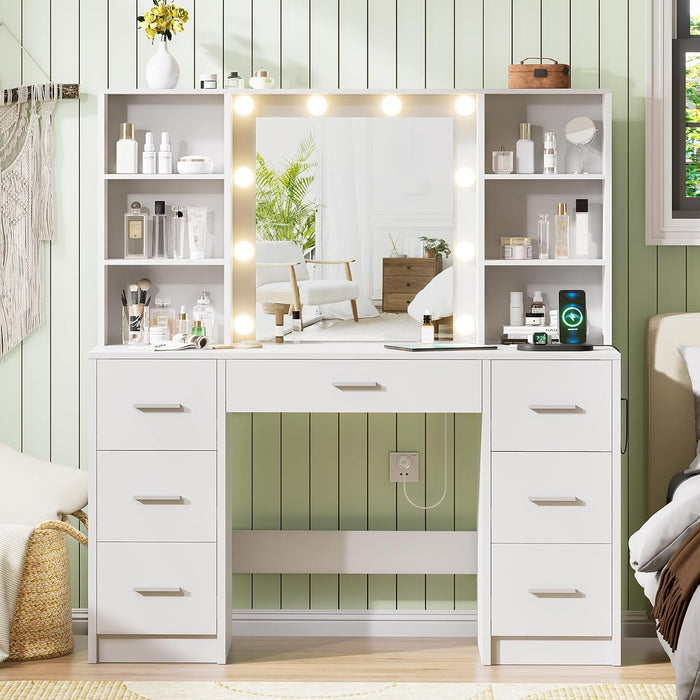 Vanity Desk with Mirror and Lights, Power Outlet, Makeup Vanity with 7 Drawers and 6 Shelves, Dressing Vanity Table Vanity Set for Bedroom, White