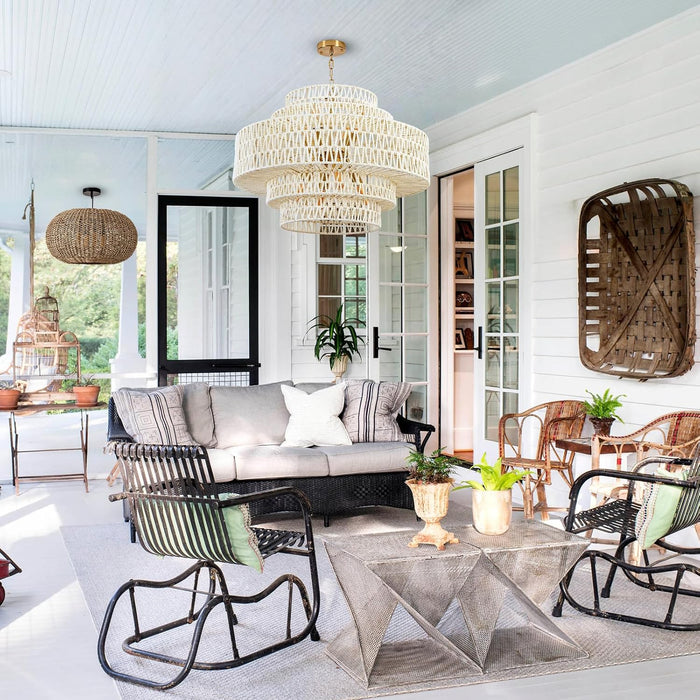 White Chandelier Large Rattan Lights for Living Room 8-Light