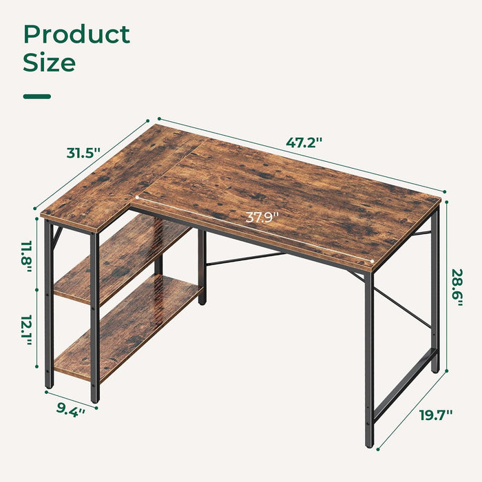 47 Inches L Shaped Desk, Computer Desk with Reversible Storage Shelves, Gaming Desk, Corner Desk Home Office Desks, Writing Desk Study Desk with Metal Frame, Rustic Brown