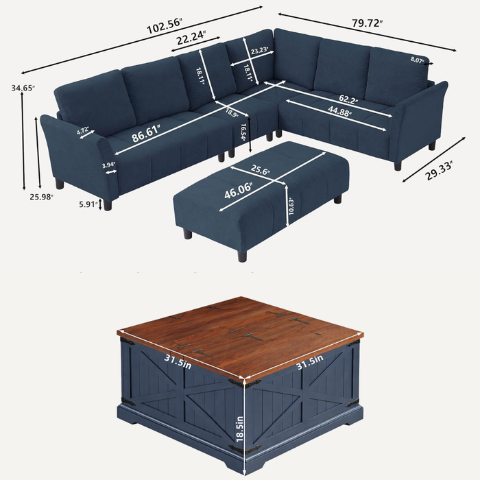 103 Inch Blue L-Shaped Sectional Sofa with Lift Top Storage Coffee Table Set