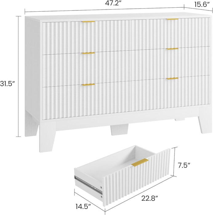 6 Drawer Dresser for Bedroom, 47" Wide Modern Fluted Dresser with Gold Metal Handles, Chest of Drawers for Bedroom, Living Room, Entryway, Hallway, White