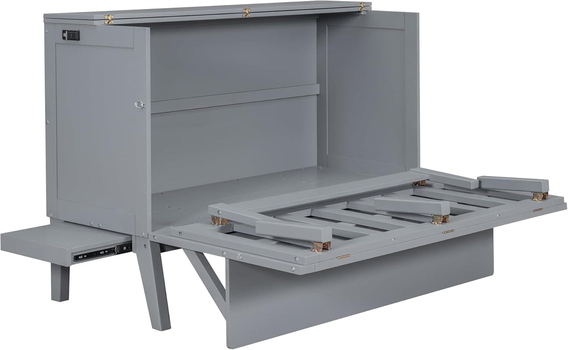 Murphy Bed Queen Size with USB Port and Slide-Out Shelves on Each Side, 2-In-1 Foldable Bed Frame Cabinet Desk for Bedroom Guest Room Living Room (Gray)