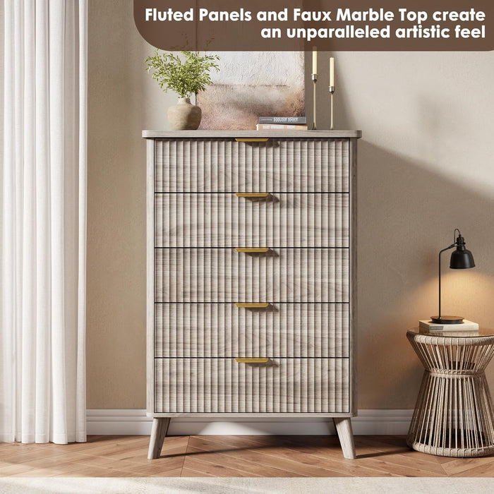 Fluted Dresser for Bedroom with 5 Deep Drawers, 47.2 in Tall Chest of Drawers, Curved Profile Design, Modern Wooden Dresser, for Living Room, Kids Room, Hallway, Grey