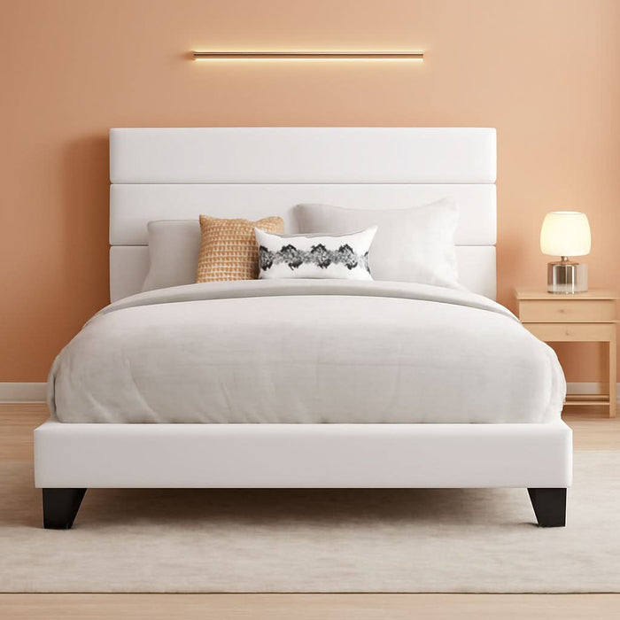 Full Platform Bed Frame with Velvet Upholstered Headboard, Mattress Foundation with Strong Wooden Slats Support, No Box Spring Needed, White