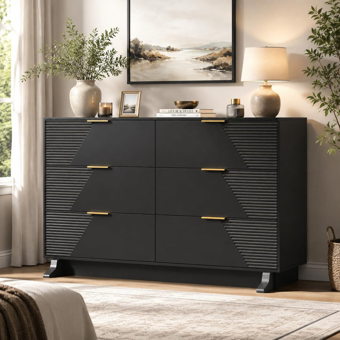 47.24" Wide Dresser for Bedroom, 6 Drawer Black Dresser with Fluted Design & Gold Metal Handle, Chest of Drawers Dressers with Sturdy Base, Wood Dressers for Bedroom, Living Room, Hallway
