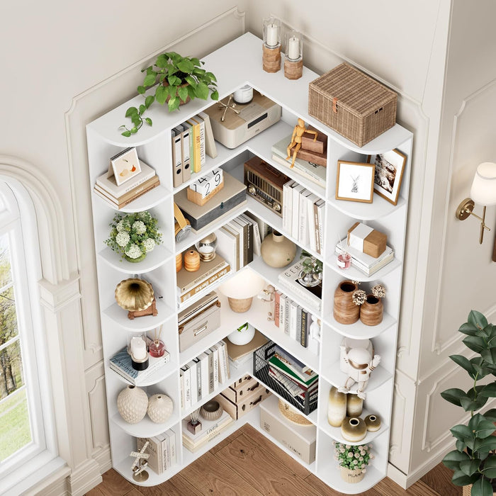 72" Tall Corner Bookshelf, 6-Tier Bookshelf and Bookcase, White | Space-Saving Book Shelf with Open Storage, L Shaped Corner Bookcase for Home Office, Thickened Boards for Heavy Duty