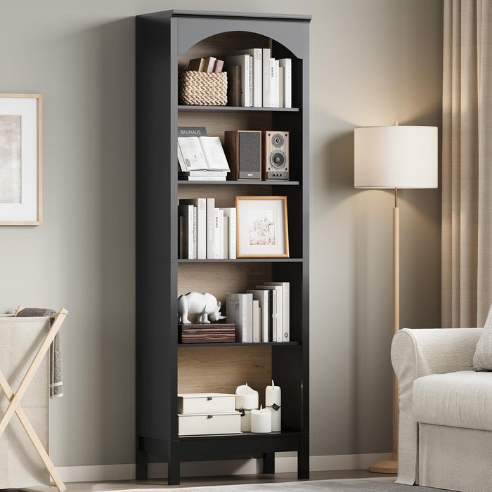 Arched Veneered FiveTier Bookcase 71Inch Tall Ebony