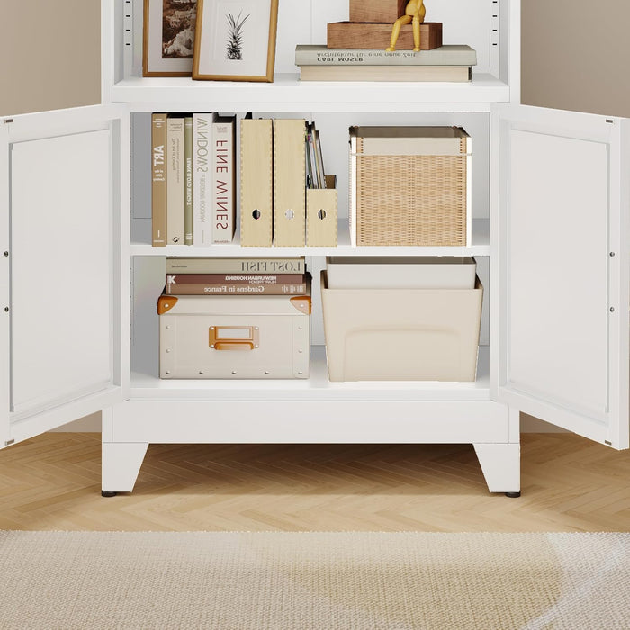 71" H Tall Metal Bookcases and Bookshelves with 2 Doors and Adjustable Shelves, White Tall Storage Cabinet Industrial Bookshelf 6-Tier Open Display Shelf，Decor Furniture for Living Room