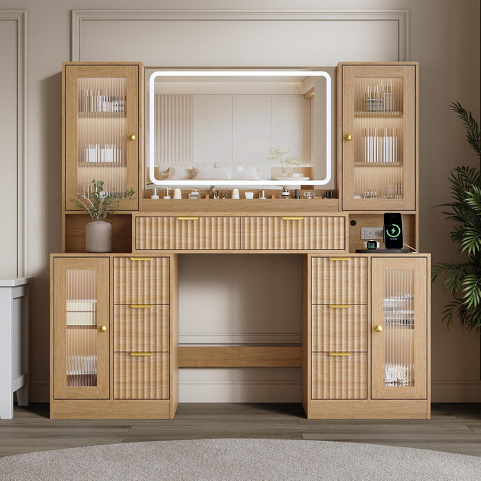 55" Vanity Desk with Mirror & Lights, Fluted Makeup Vanity with 8 Drawers & 4 Cabinets, Tempered Glass Top, RGB Cabinet Lighting, 3-Color Dimmable Mirror, and Charging Station