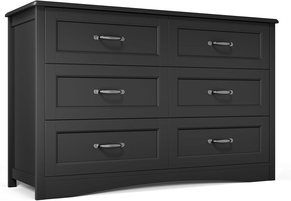 47" 6 Drawer Dresser, Black Wide Chest of Drawers for Bedroom