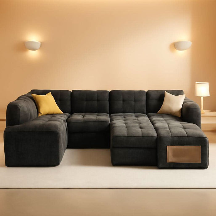 8 Seat U Shaped Modular Sectional Sleeper Sofa with Pull Out Bed/Reclining Backrest/Usb Ports/Table/Led Light/Storage Seat, Sectional Sleeper Couch, Tool-Free Assembly, Chenille Black