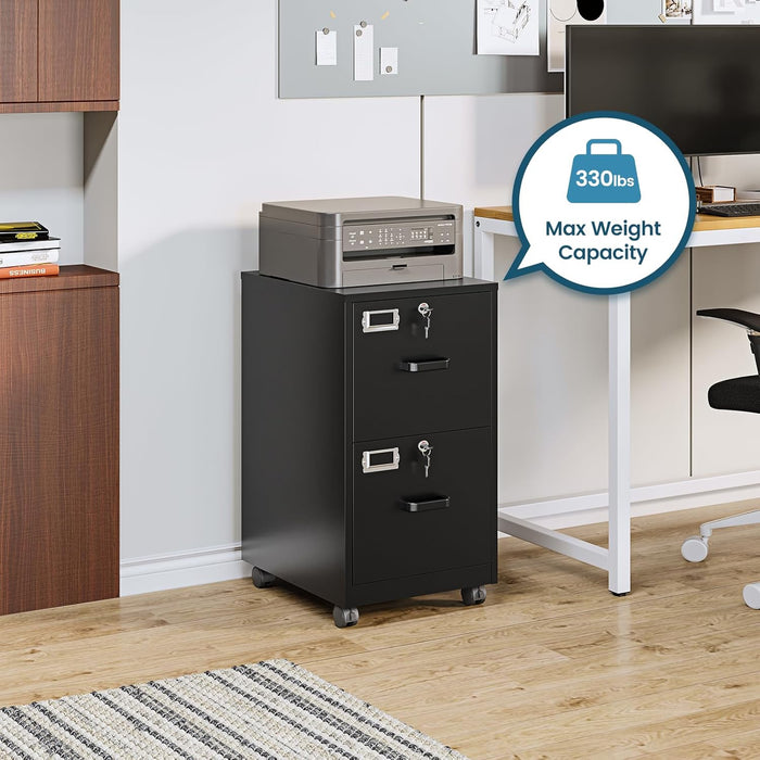 2 Drawer File Cabinet with Lock, Vertical Metal Filing Cabinets for Home Office, Lockable Storage File Cabinets under Desk, A4/Letter File Folders(Black)-Assembly Required