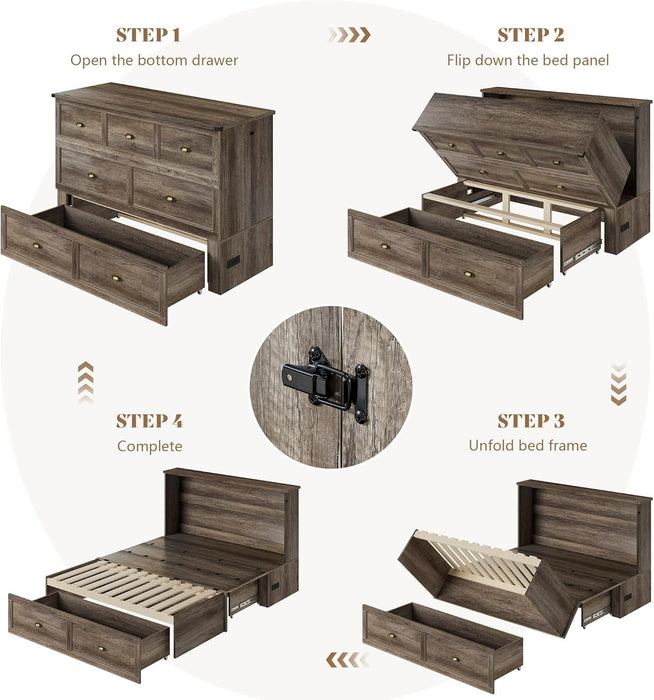 Full Size Murphy Bed, Farmhouse Wooden Cabinet with Charging Station and Storage Drawer for Bedroom/Office/Guest Room, Grey Oak
