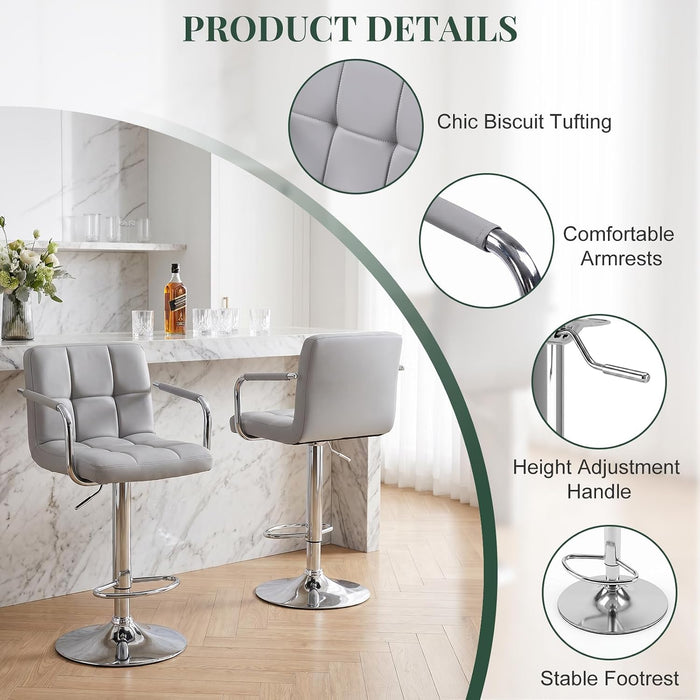 Bar Stools Set of 4, 24-26'' Adjustable Swivel Bar Chairs, Grey | PU Leather Counter Height Barstool with Back Support & Armrest for Kitchen Island, Dining Room