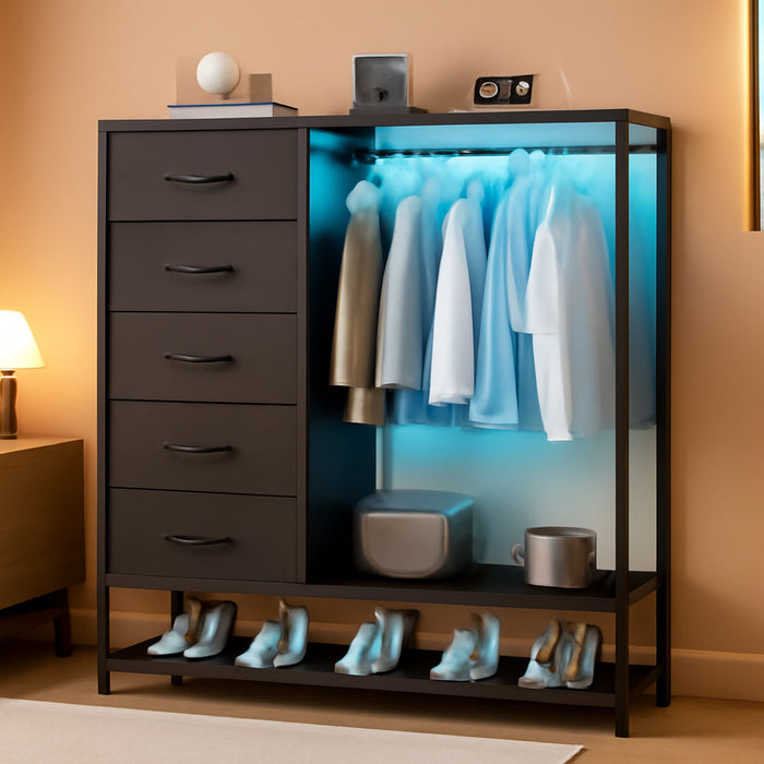 Dresser for Bedroom, Dresser with Hanging Rack Led Lights and Charging Station, Black Bedroom Dresser with 5 Fabric Chest of Drawers with PU Finish Storage Organizer, for Living Room Kids Room, Black