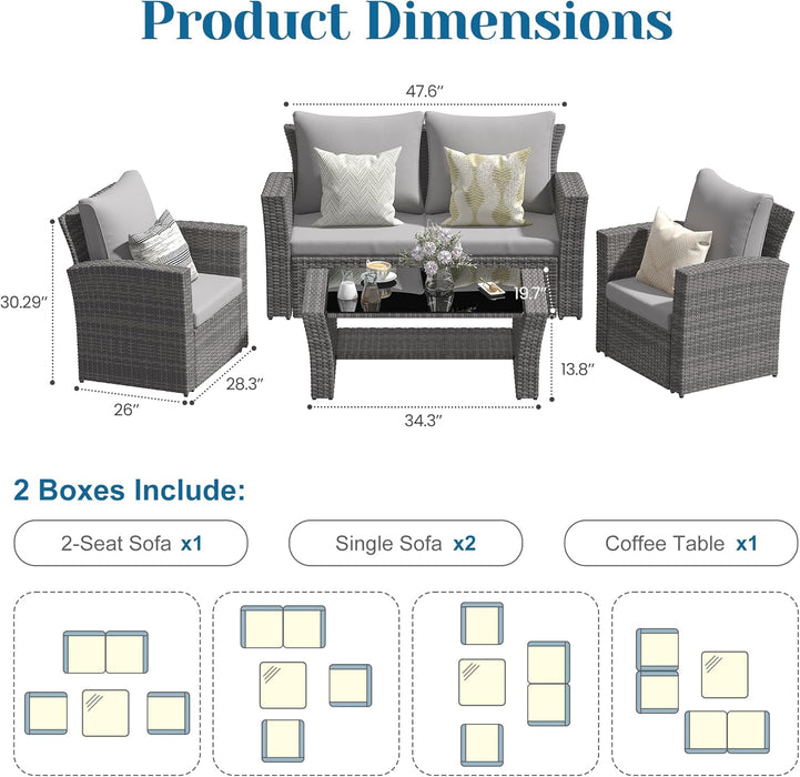 4 Piece Patio Furniture Sets, All-Weather Wicker Conversation Sets, Outdoor Rattan Sectional Sofa Chair with Cushions and Coffee Table for Balcony, Garden, Backyard,Grey/Light Grey