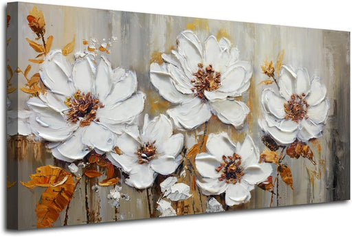 Canvas Art Wall Decor Textured Floral Wall Art, Extra Large Living Room Bedroom, Vintage White Floral Painting Picture Artwork for Dining Room Office Home Decor 58"X29"