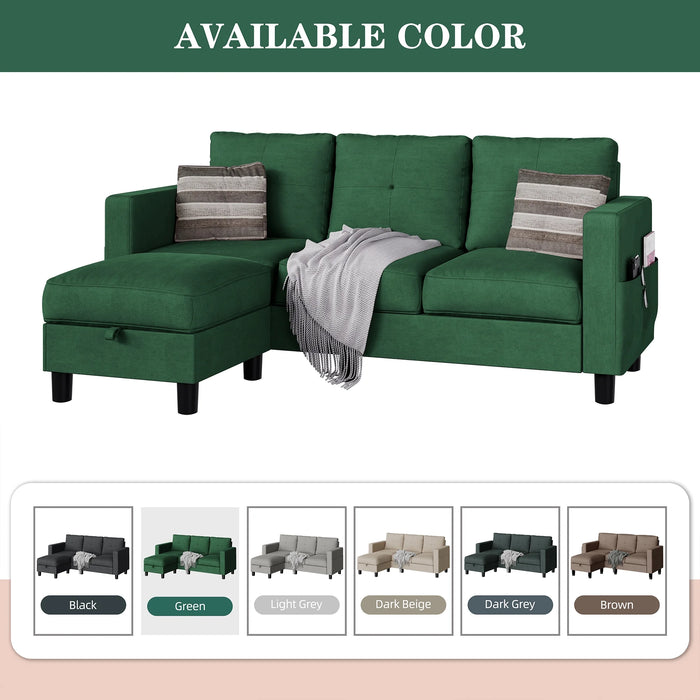 Convertible Sectional Sofa Couch L Shaped Couch Sofa for Living Room Small 3 Seater Sofa Couch with Storage Ottoman and Side Pockets(Green)