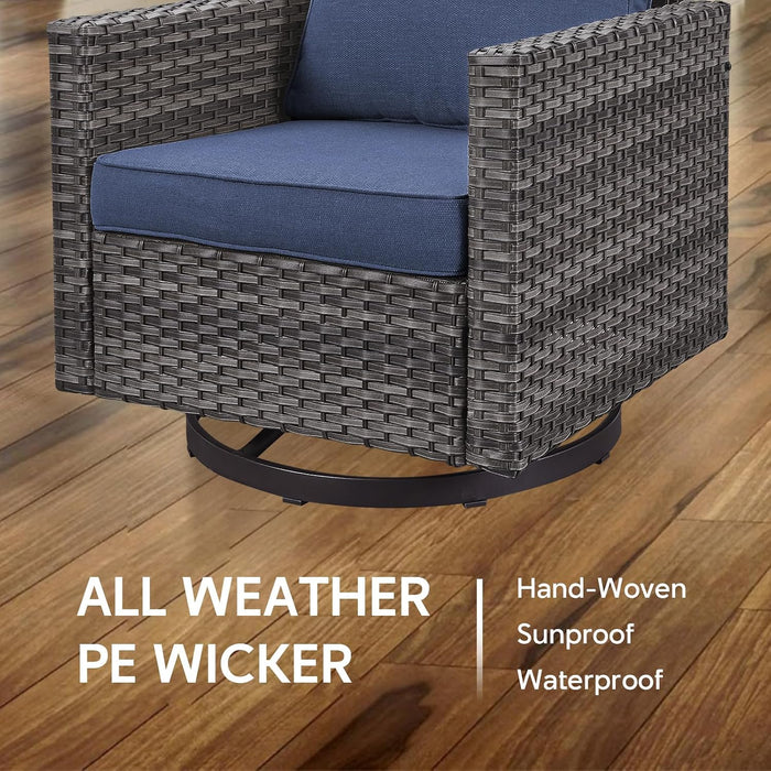 6 Piece Wicker Patio Furniture Set - Outdoor Swivel Rocker Chairs Set with Coffee Table, 3 Seat Sofa & Ottomans, Small Patio Conversation Sets Proch Furniture for Balcony Deck - Grey/Blue