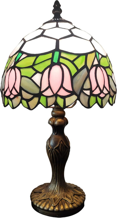 Tiffany Table Lamp Small Stained Glass Desk Lamp Vintage Bedside Lamp Included 3 Way LED Bulb for Home Living Room Nightstand Bedroom Office (Pink Tulip)