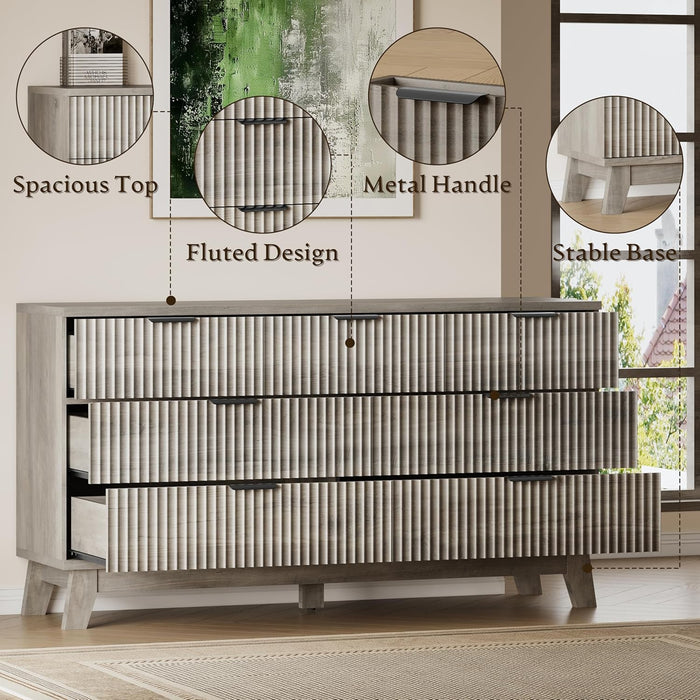 57" Long Dresser for Bedroom, 7-Drawer Fluted Chest, Wide Wood Storage Dresser with Metal Slides and Handles, Stable Base, Modern Clothes Organizer for Primary Suite, Guest Room, Nursery