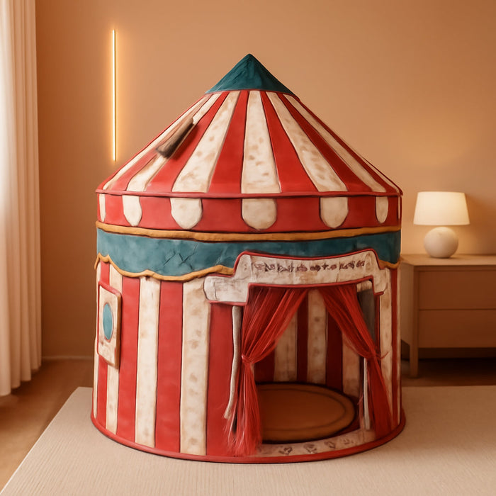 Kids Play Tent 2 in 1 with Padded Mat and Lights, Large Kids Playhouse with 2 Doors & 4 Windows, Indoor & Outdoor, Christmas Toddler Tent, Circus