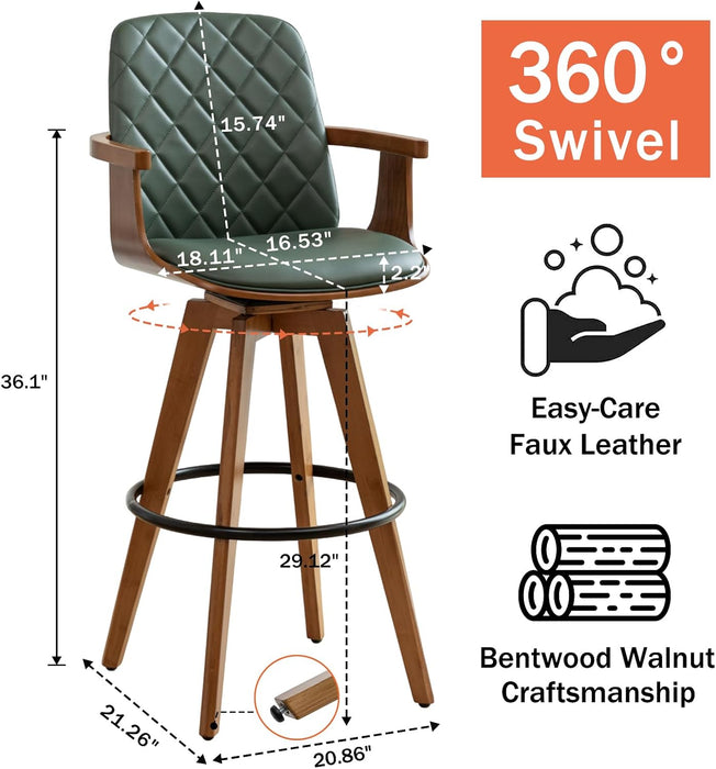 Set of 2 Bar Height Bar Stools - 30 Inch Swivel Bar Stools with Curved Back and Arms, Walnut Craftsmanship, Upholstered Seat, Mid Century Barstools for Bar/ Pub/Island/Coffee (30" Seat Height, Green)