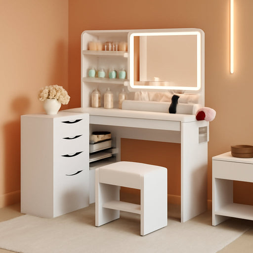 Vanity Desk with Lights and Mirror, L Shaped Makeup Table, with Hairdryer Holder and Fast Charging, Adjustable 3 Lighting Modes, 5 Drawers and Adjustabled Open Storage Shelves, White
