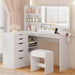 Vanity Desk with Lights and Mirror, L Shaped Makeup Table, with Hairdryer Holder and Fast Charging, Adjustable 3 Lighting Modes, 5 Drawers and Adjustabled Open Storage Shelves, White