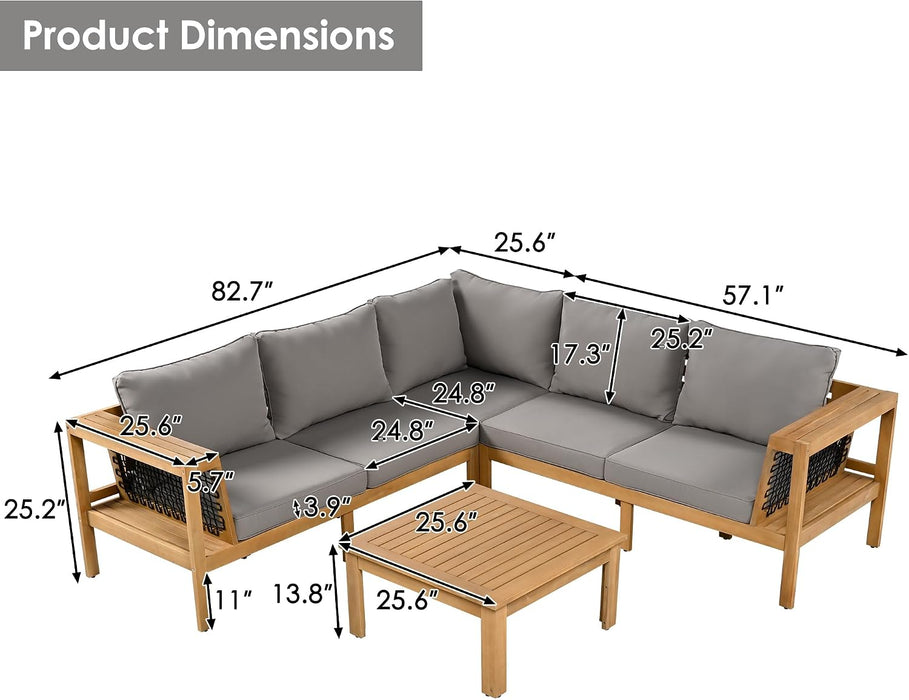 4 Pieces Patio Furniture Set, Outdoor L-Shaped Sectional Sofa Set with Coffee Table, Acacia Wood Conversation Seating & Thick Cushions and Side Table, for Backyard, Garden and Poolside, Grey