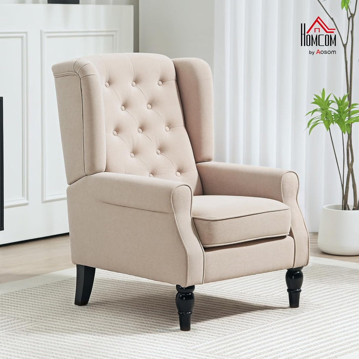 Mid-Century Modern Accent Chair, High Wingback Chair, Button-Tufted Upholstered Fabric Armchair with Retro Wood Legs for Living Room, Bedroom, Beige